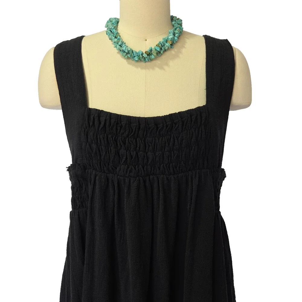 Free People Delphine Midi Dress Size M Black Sleeveless Gauzy Smocked Jumper